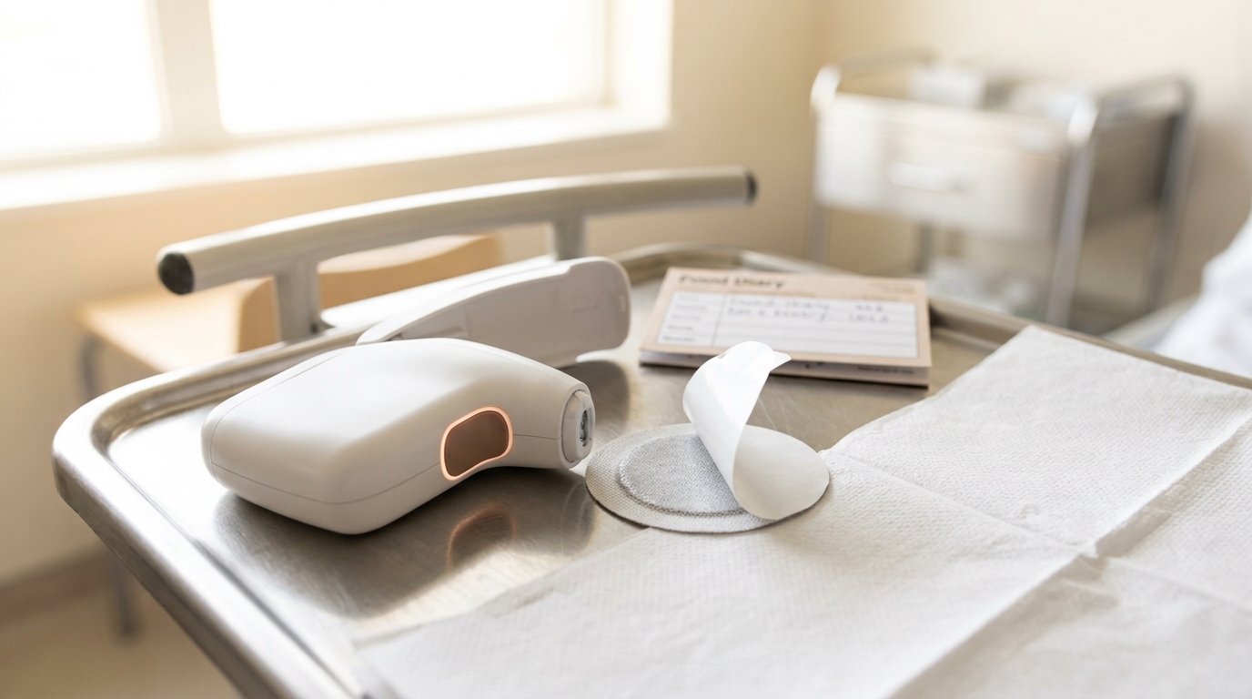 A continuous-glucose-monitor applicator opened on a sterile tray, its spring-loaded mechanism half-cocked and its adhesive backing peeled but not yet pressed down, resting beside a folded paper drape rather than on skin