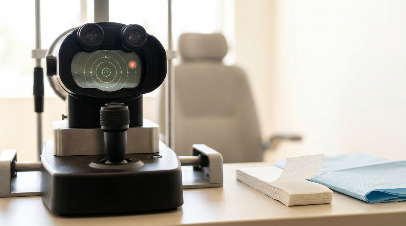 An autorefractor's joystick caught mid-slide toward its centring position, the eyepiece optics showing one bright alignment reflex point still off-axis among a faint ring of others, a stack of disposable chinrest strips beside it with one partly peeled