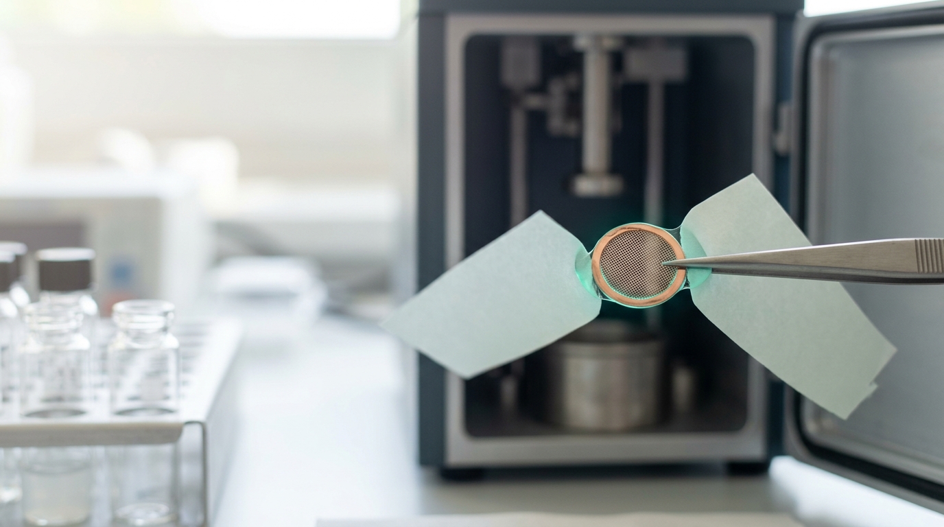 A close low view of a copper cryo-EM grid held in the tweezers of a plunge-freezing rig with the two blotting pads just closing on it and the aqueous film across the mesh still draining