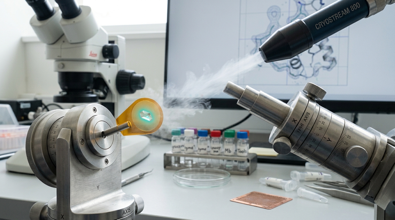 A slim polyimide loop on its magnetic pin caught part-way onto a brushed-steel goniometer head, a small protein crystal held in the loop film and the cryostream nozzle spilling its first curl of cold vapour