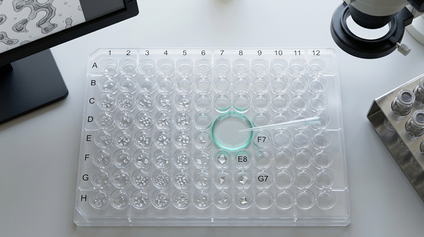 A crystallisation plate seen from directly above, most of its sitting drops already holding grown crystals, one freshly dispensed drop still spreading and stopping short of the well wall with the pipette tip parked beside it