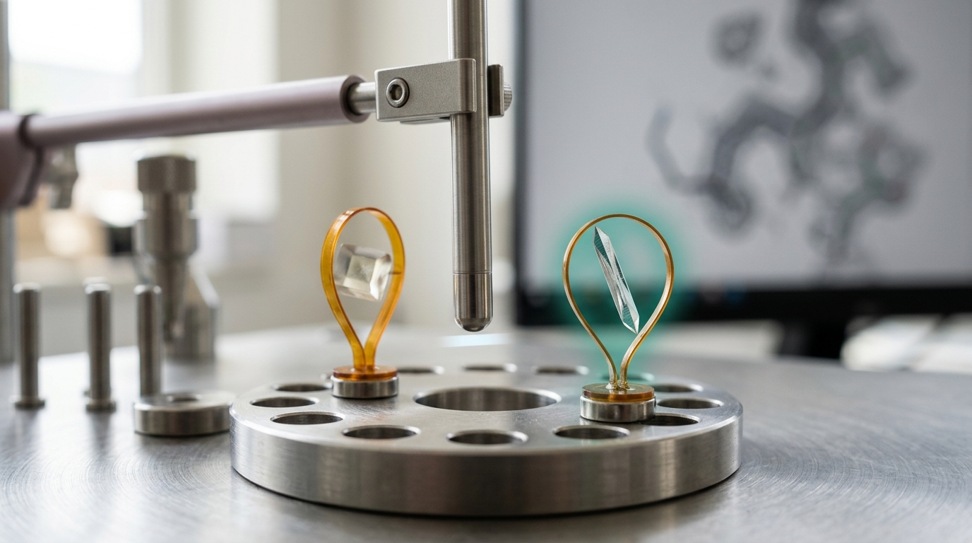 Two polyimide loops on adjacent pins in an open sample puck, each holding a crystal of a different habit grown from one preparation, a magnetic mounting wand halted part-way down over the nearer pin