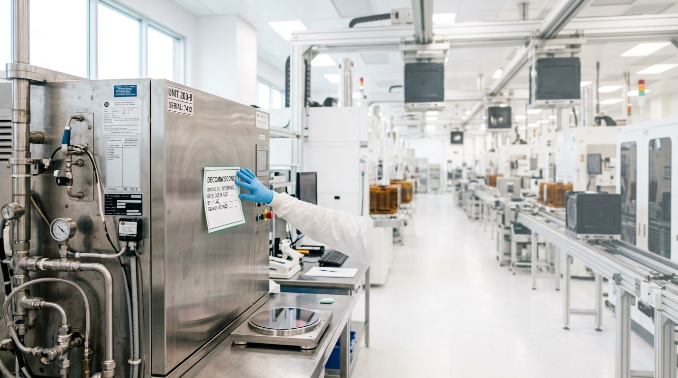 An older 200mm wafer production line in a bright fab with a decommission tag caught being attached to one tool, a busier 300mm AI-grade line visible running at full activity in the background