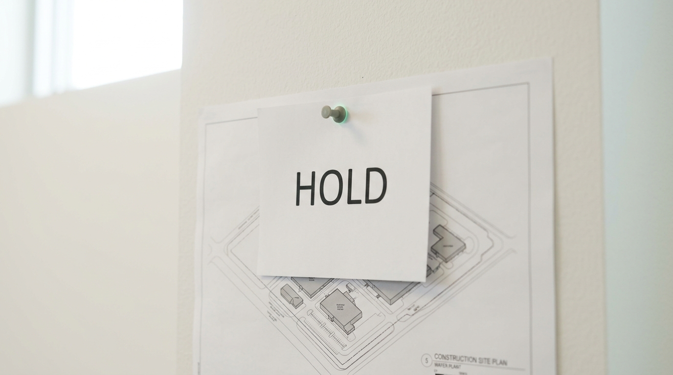 A shelved construction site plan on a bright office wall for a planned wafer plant, marked with a plain printed hold notice caught being pinned over the plan, the site itself never broken ground