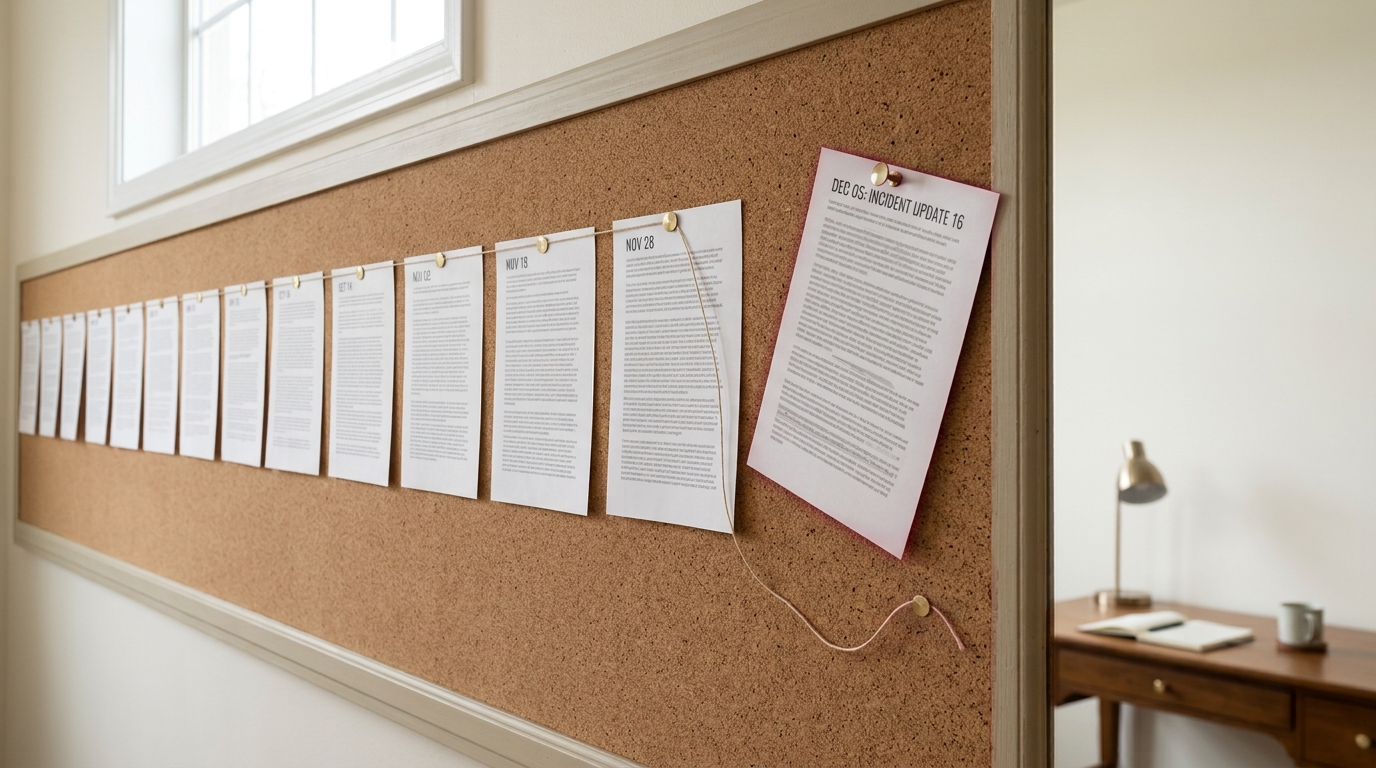 A corkboard wall holding a chronological line of printed clippings connected by taut thread, the newest clipping's brass tack caught leaning into the cork, not yet driven flush