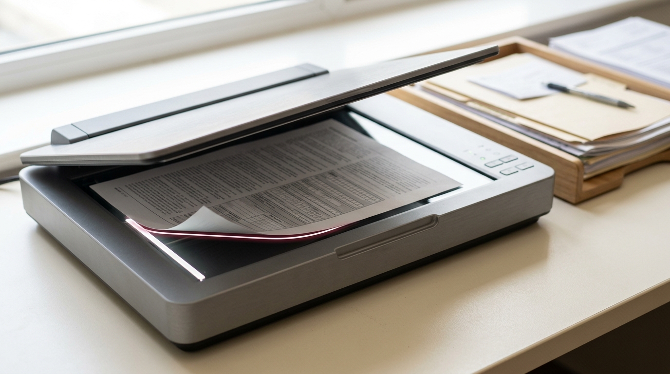 A flatbed scanner on a review desk with its lid caught half down over a printed permit-filing page, the page's near corner still lifting off the glass