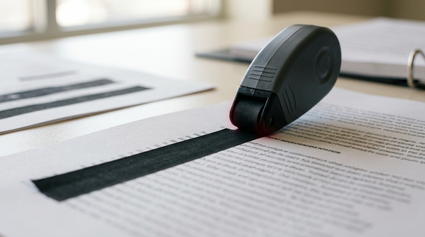 A redaction-tape roller on a review desk caught mid-pass laying an opaque strip over one printed line on a page, part of the line still visible just ahead of the roller