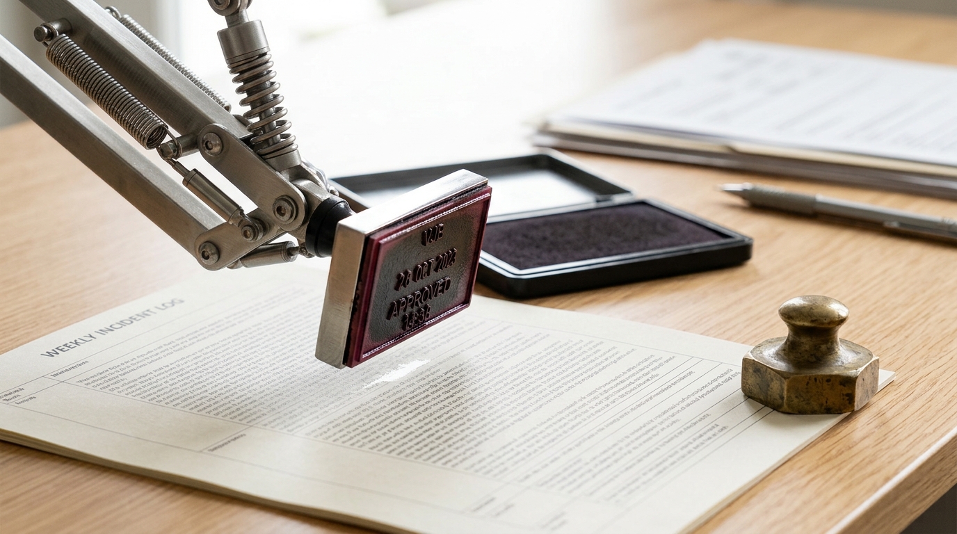 An articulated date-and-verification stamp on a review desk, its arm caught mid-press toward a printed page, the die not yet landed and its ink still glossy