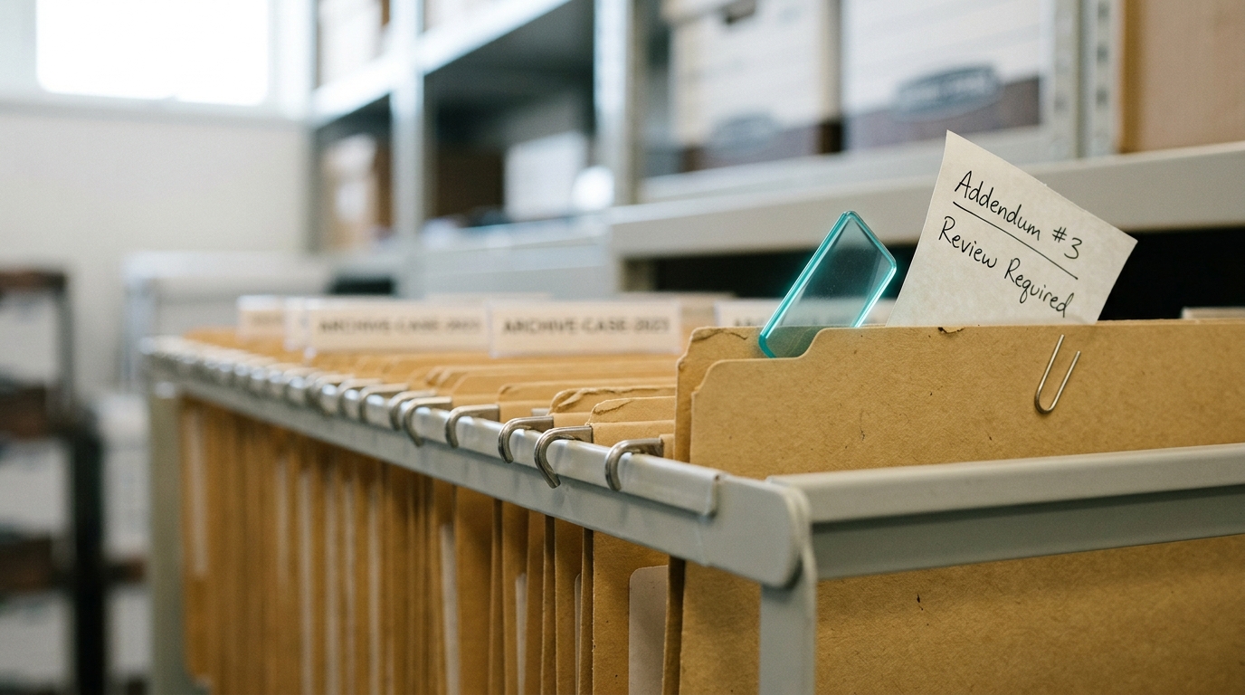 A steel archive drawer open with one tabbed kraft folder caught partway withdrawn, its papers fanning slightly, neighbouring folders still filed flush