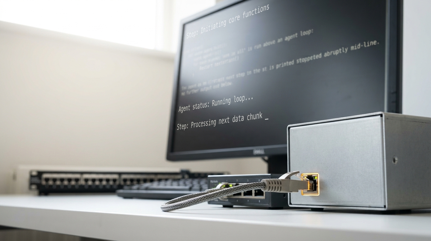 The sandbox host's single uplink lead caught half-out of its dedicated switch, the port's link light mid-blink and an unfinished terminal line still standing on the screen behind