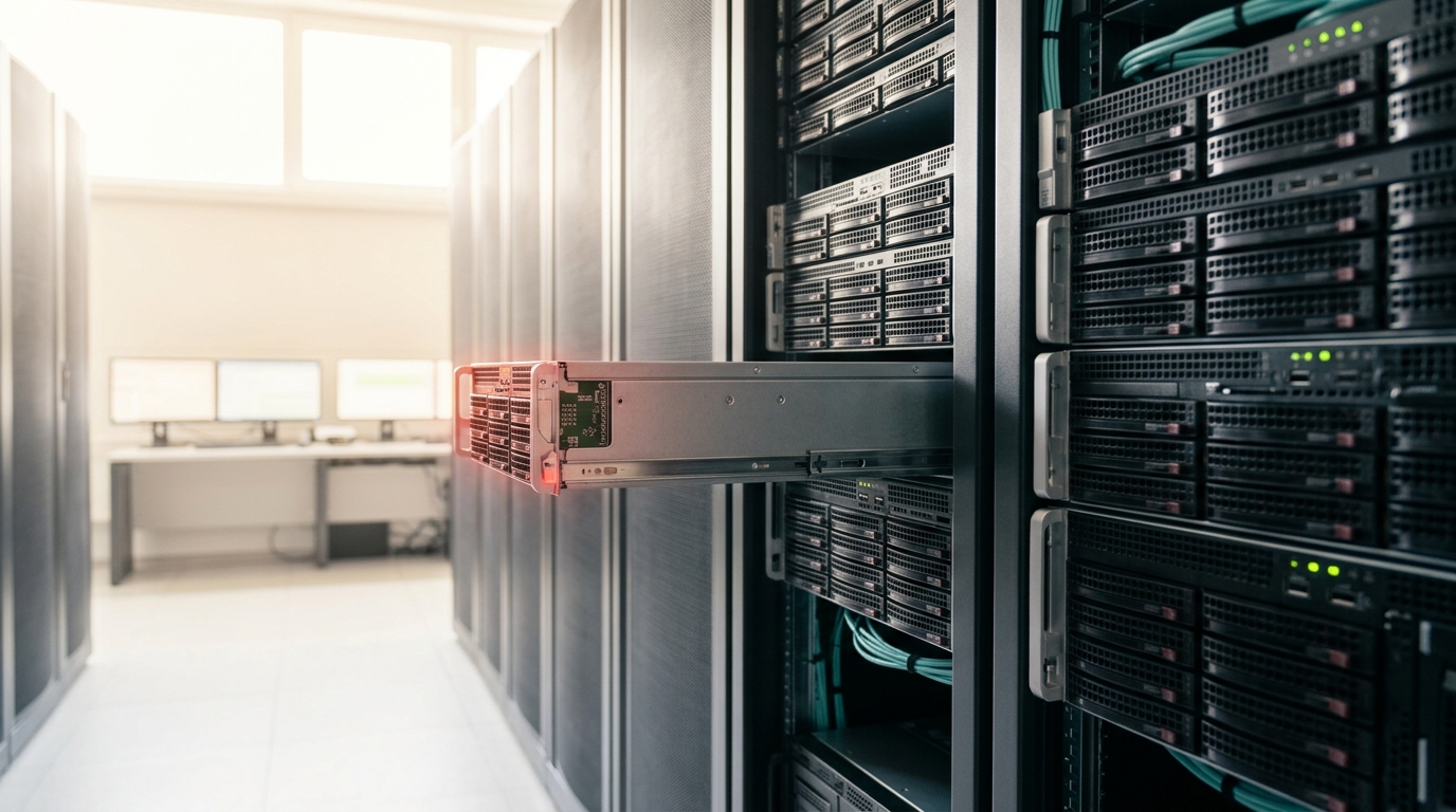 A row of serving nodes running normally with one node's fan tray drawn part-way out on its rails, an operations desk with pale latency and error panes further down the bright aisle