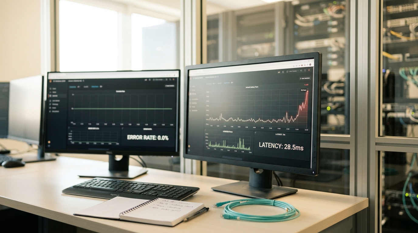 An operations desk seen obliquely across its corner, the nearer monitor's latency trace still climbing at the live edge of its pane while the error pane on the screen beyond stays flat