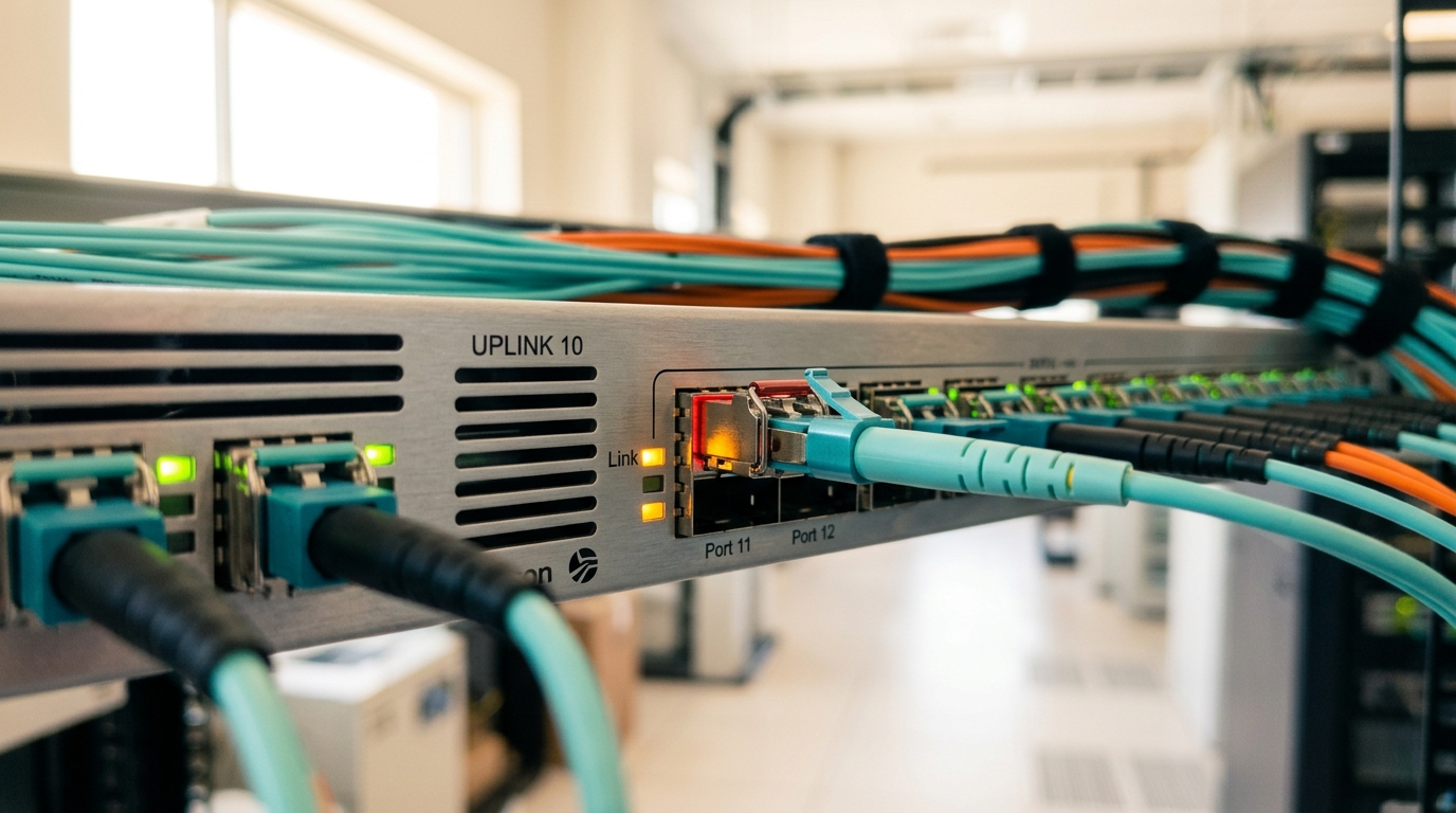 The uplink face of an aggregation switch where one port's link indicator sits amber while the rest are even and steady, an aqua fibre connector seated a fraction proud of its latch