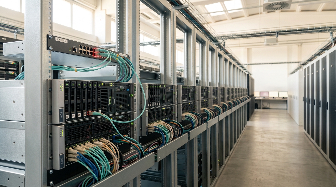 A canary serving node patched onto its own separate uplink, one aqua fibre run crossing the aisle to a small independent switch while the rest of the row feeds the common trunk