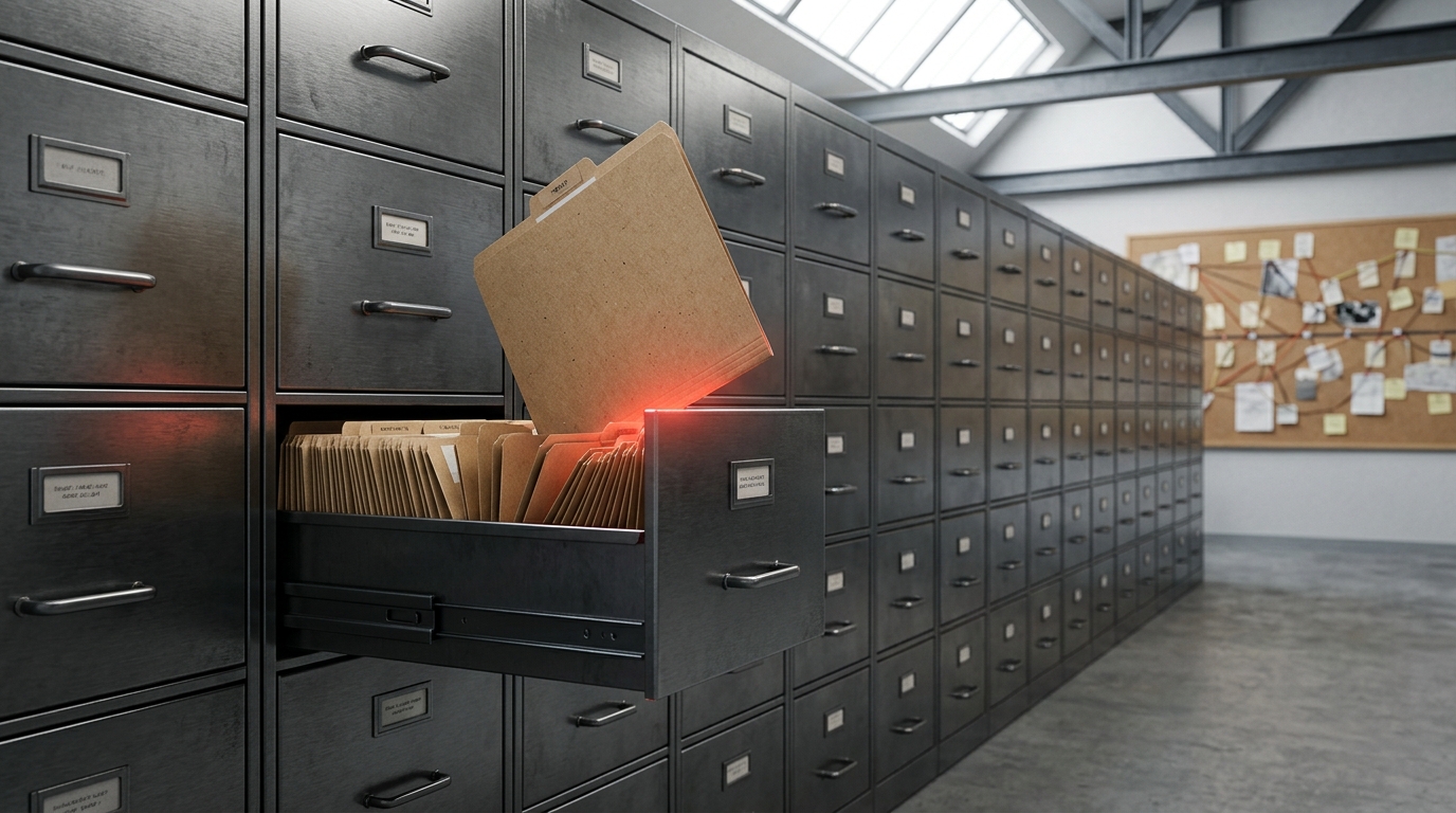 A wall of steel incident case-file drawers in a bright archive room, one drawer pulled open mid-search with its tagged folders fanned and one folder still rising clear of the rail, a corkboard incident timeline visible beyond