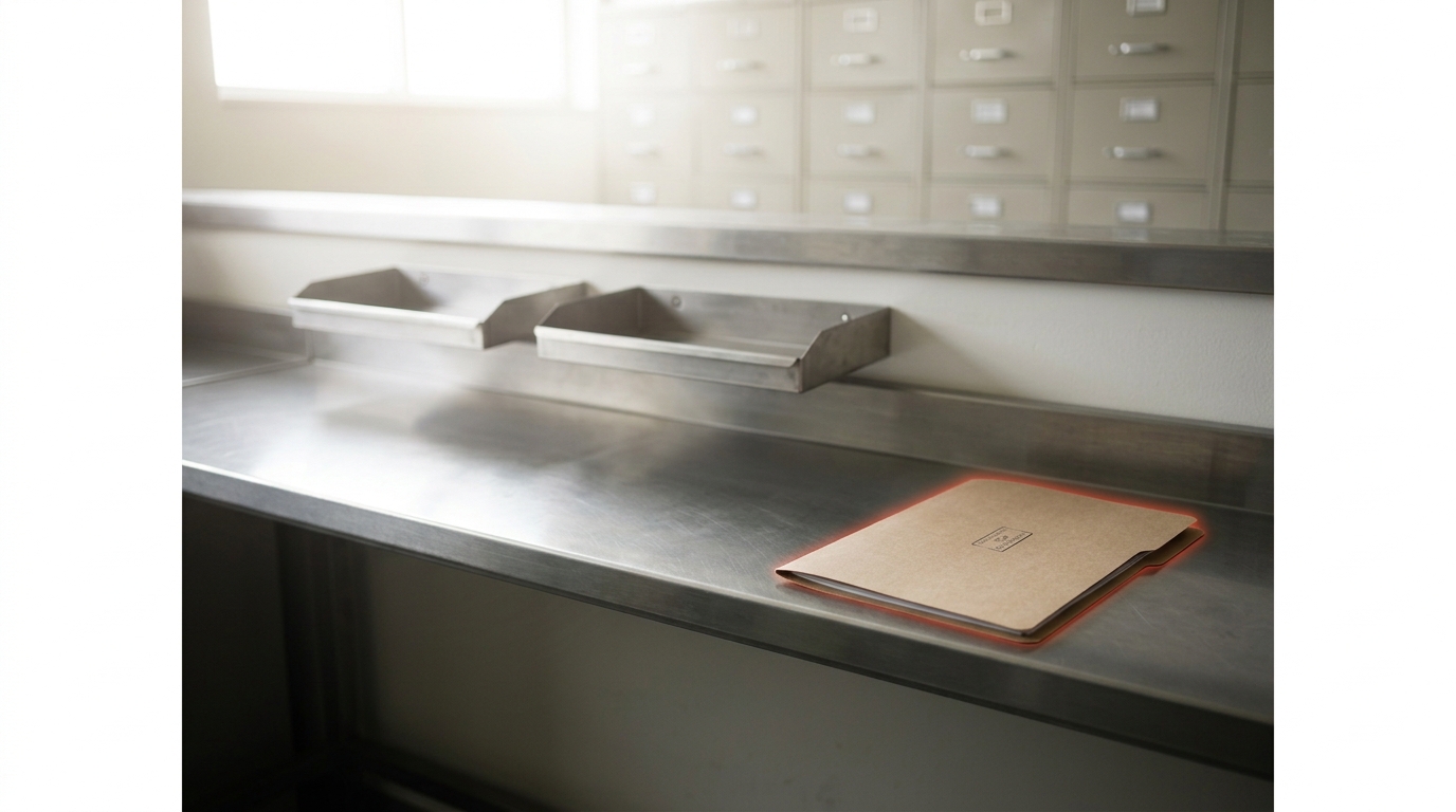An evidence-intake counter with a chain-of-custody binder open beside a freshly stamped red-team report folder resting on the counter edge, short of two empty routing trays mounted on the wall behind it