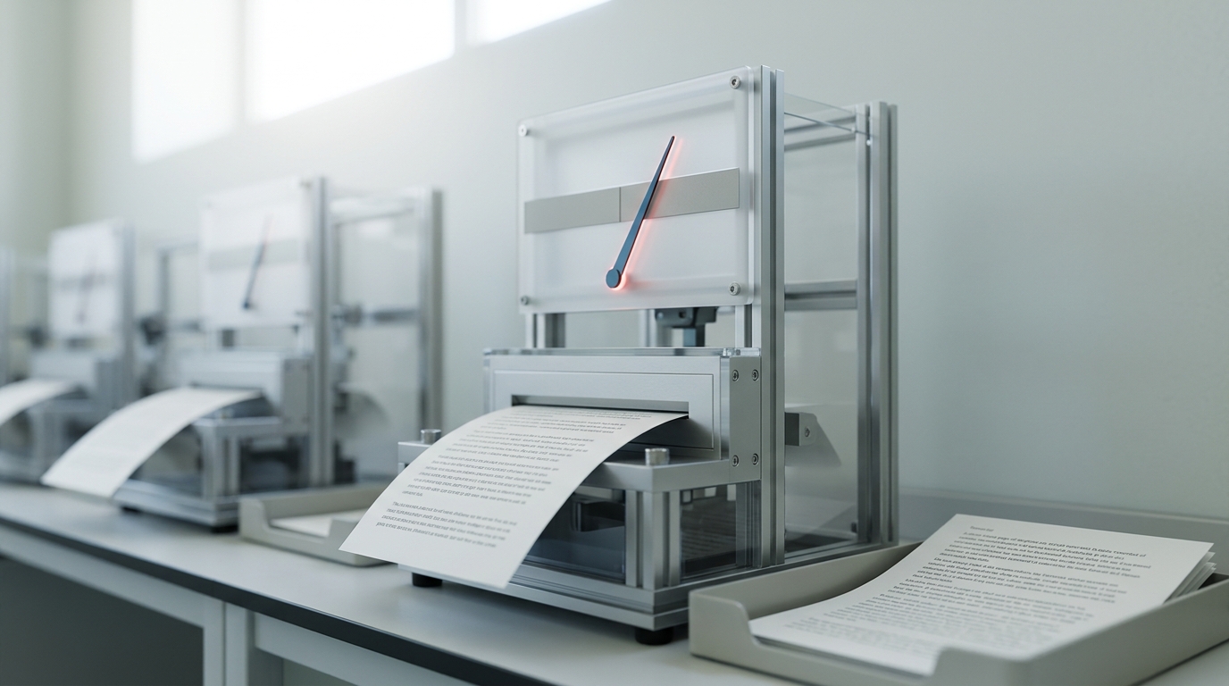 A diagnostic bench where a captured jailbreak transcript is fed through a classifier test rig, a probe needle caught mid-swing across a scored dial while a paraphrased second copy of the transcript sits queued beside it