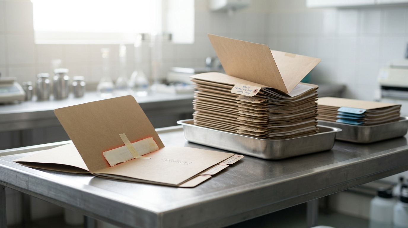 A calibration bench with two open exhibit folders, one with an inner flap lifted to show a thin taped-in strip beneath a verdict stamp, beside a shallow tray holding a disproportionate stack of similarly-tagged folders already sorted to one side