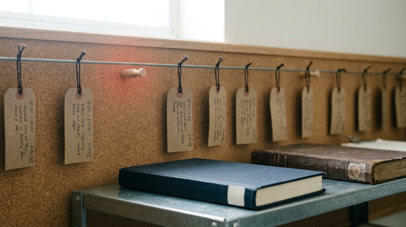 A corkboard incident timeline with case tags strung along a wire rail, one empty peg leaving a visible gap in the sequence, and a closed ledger book on a shelf below with no verification stamp on its spine