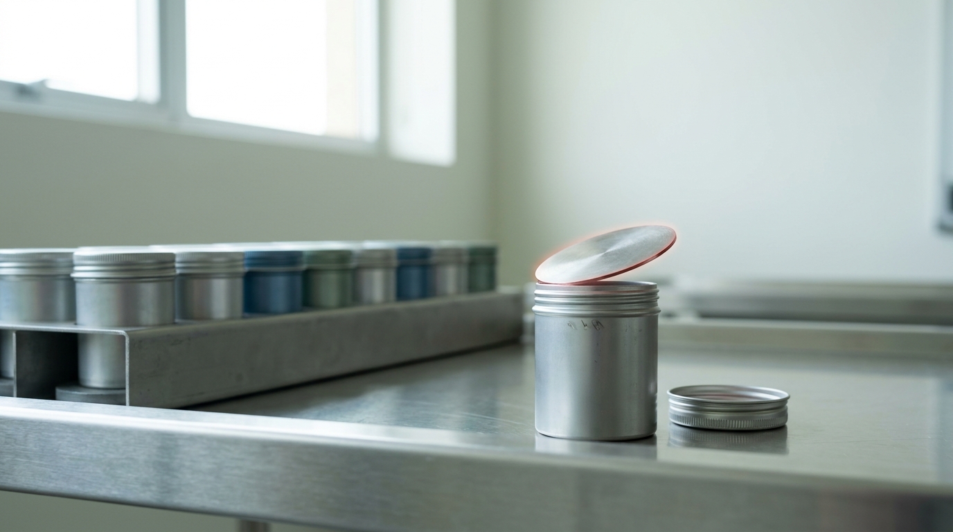 A rollback bench with a rack of cylindrical checkpoint canisters, one canister drawn open with its thin safety interlock shim lifted clear and held above the bare collar