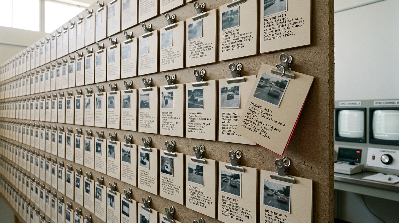 A wall of pressboard incident case-cards in steel spring clips, each pairing a small printed image thumbnail with a transcript excerpt, with one card lifted part-way clear of its clip and still catching on the spring