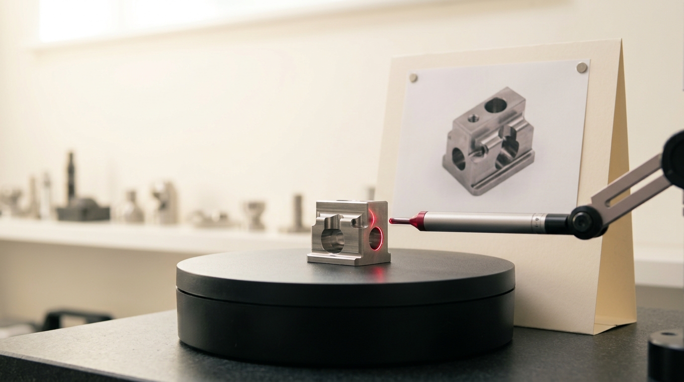 A small object on a matte-black turntable caught mid-turn away from the angle matched to a flat printed reference photo pinned beside it, a measuring probe arm resting against the wrong face of the object