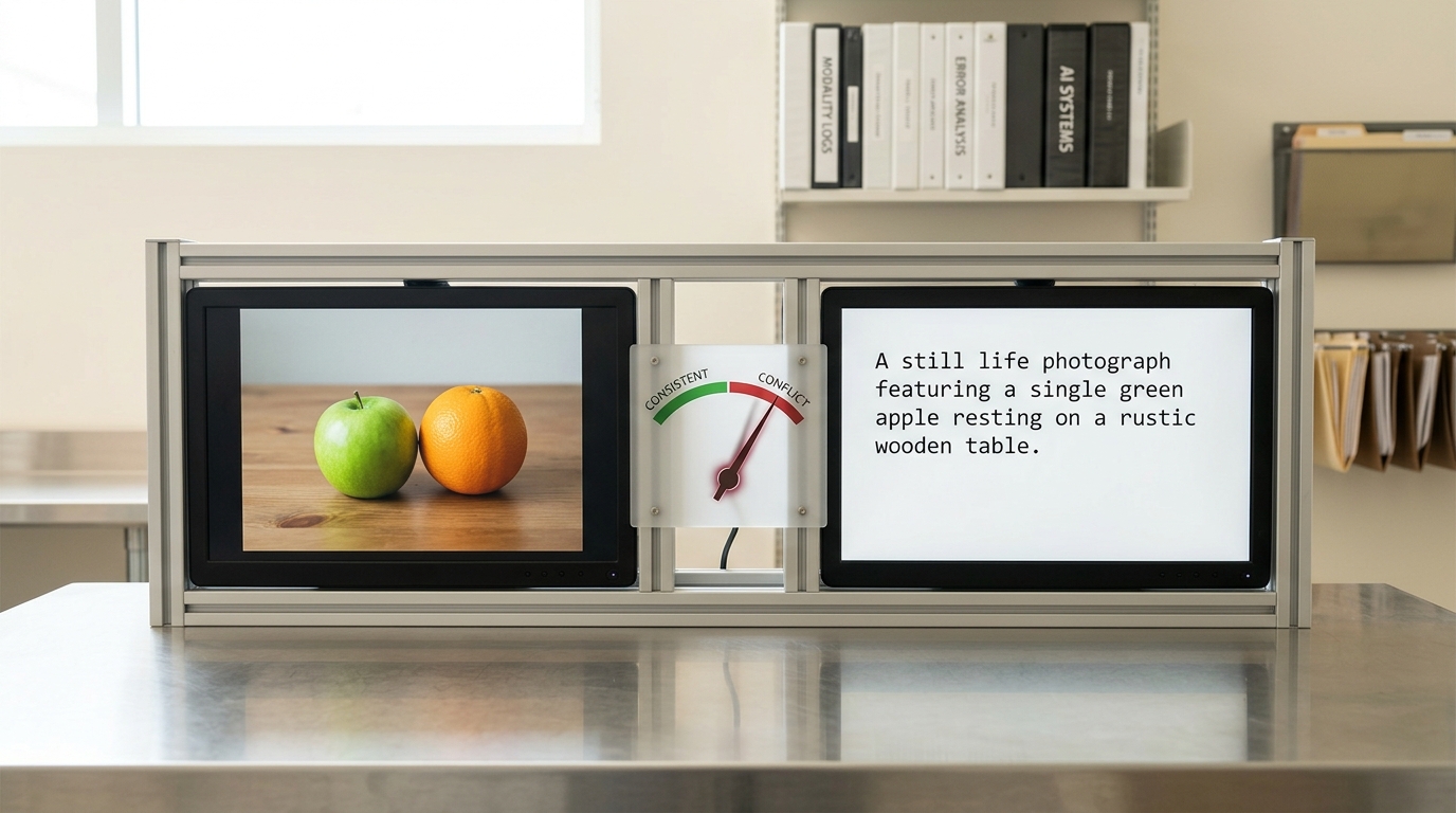 A diagnostic comparator instrument fed by two matte-glass channel monitors, one carrying an image and one carrying a text description of it, with the instrument's mismatch needle caught mid-swing away from its green zone toward red