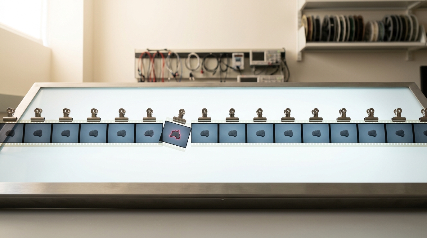 A filmstrip of a generated video clip laid across a lightbox in individually clipped frames, one frame near the centre still swinging on its clip and showing an object a visibly different shape from the matched frames either side of it