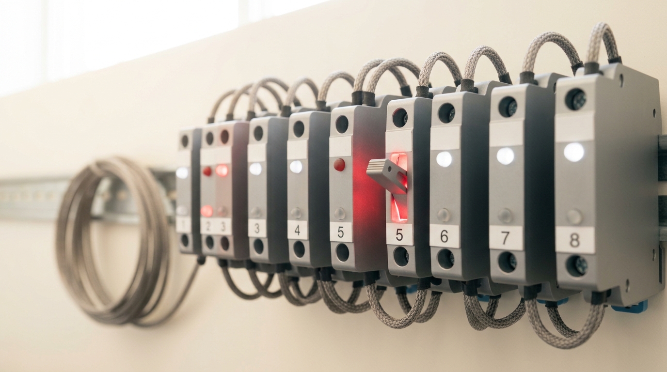 A relay board carrying a row of numbered anodised-aluminium terminal modules, the second terminal's indicator lit plain red from a wrong upstream reading while the fifth terminal's latch is caught mid-throw, about to close on that same signal