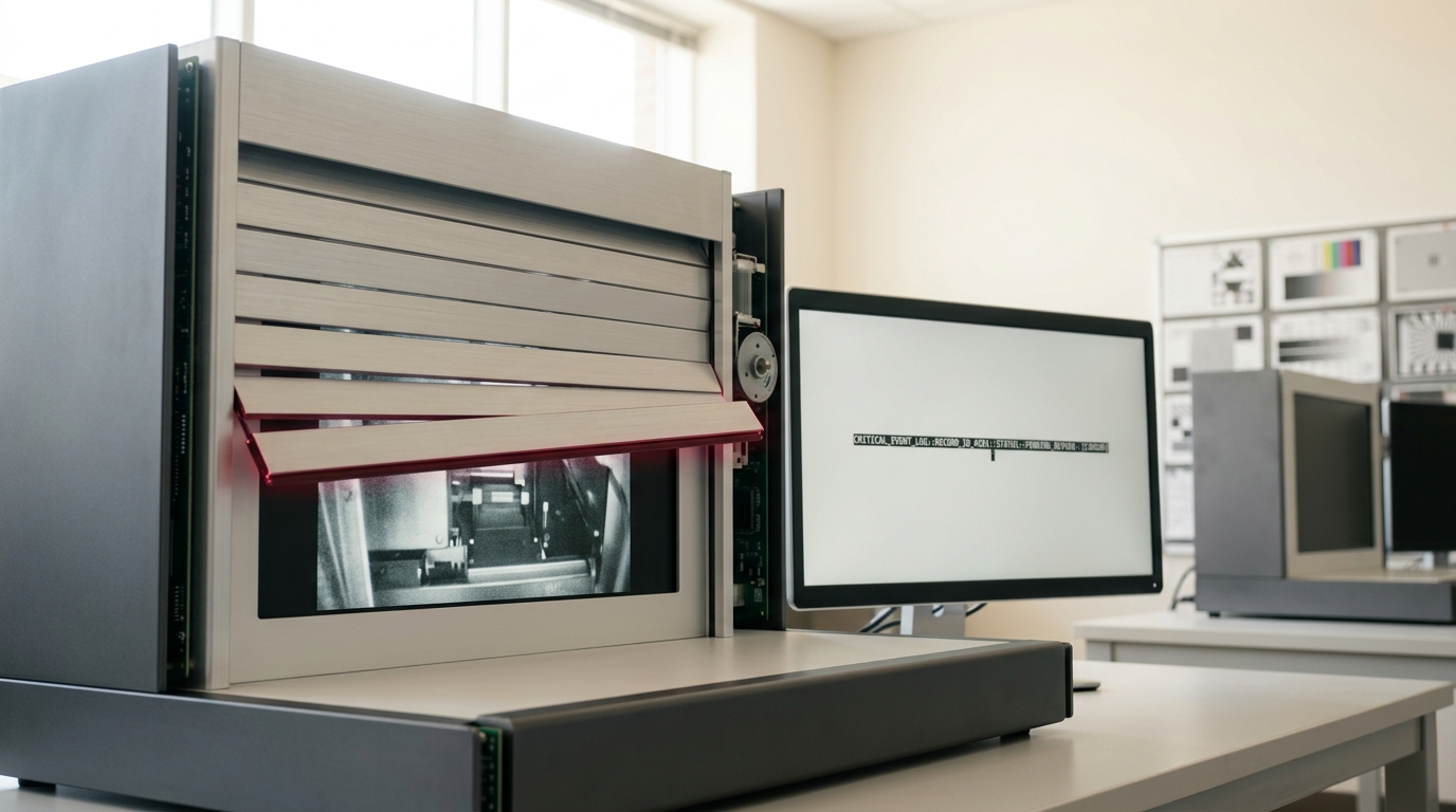 An audit console where a slatted brushed-aluminium shutter is caught half-lowered over a matte-glass image-feed monitor while a neighbouring text-output readout keeps printing an unchanging line