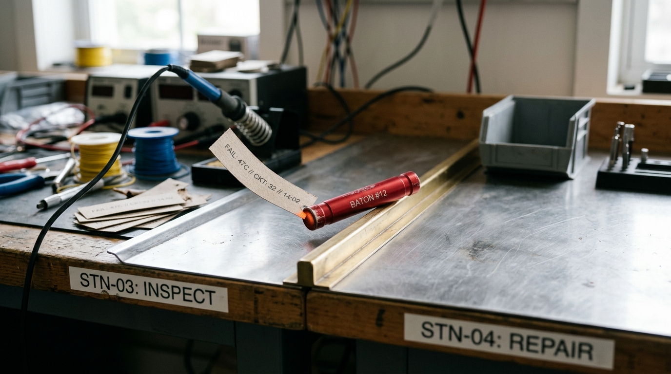 A small marked baton caught half-slid across a two-sided handoff tray between two bench stations, a loose slip of notes sliding off its trailing edge