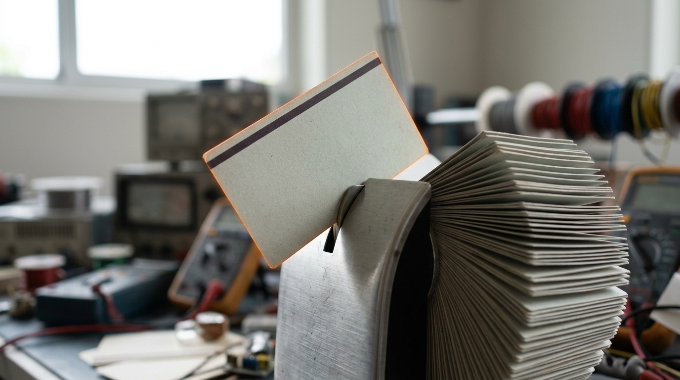 A compact rotary reference-card index beside the bench with one card caught lifted clear of its slot, its edge marked with a thin stripe unlike its neighbours