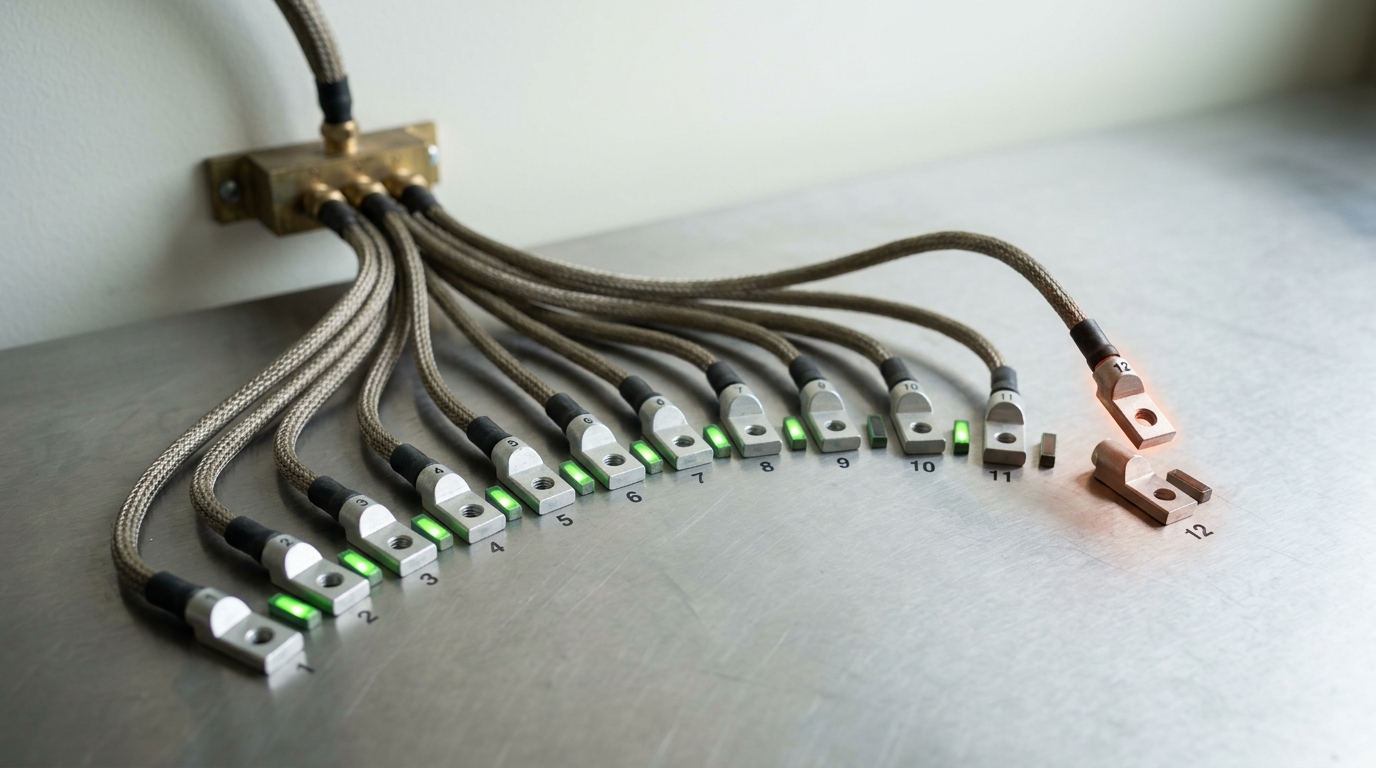 A single incoming wiring loom splitting through a brass splitter block into a dozen numbered terminal lugs, most connected and lit, one connector still hovering unseated