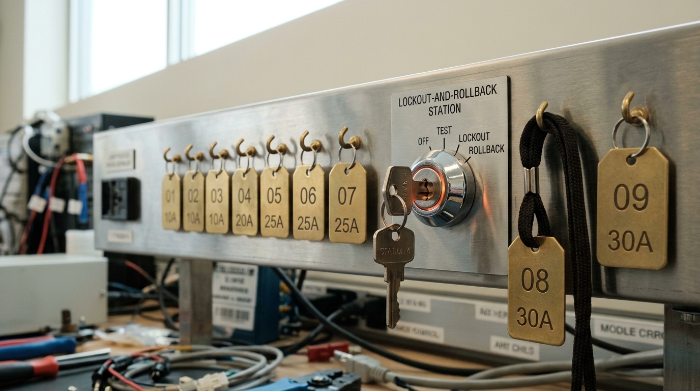 A keyed lockout station on the diagnostic bench with its selector key left turned rather than withdrawn, and one rollback tag caught half-hung on its rack