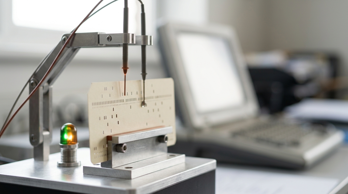 A hook-script test bench with two probe leads clipped to a shell-script card, one probe caught just touching down and an indicator lamp mid-flicker between green and amber