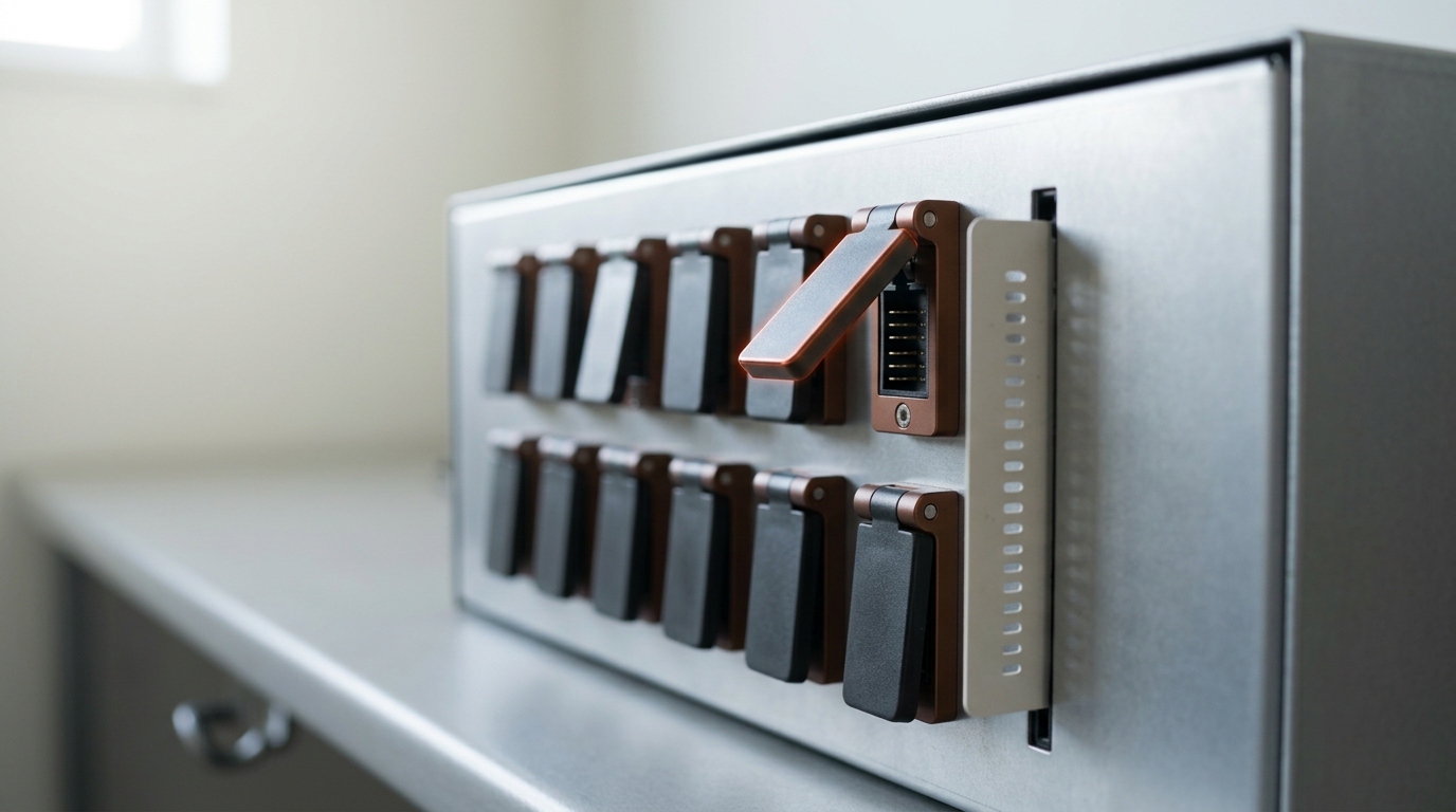 A cabinet of small MCP connector modules each behind its own trust toggle, with one toggle caught mid-throw exposing the module's contacts and a slotted card of tool descriptions half withdrawn