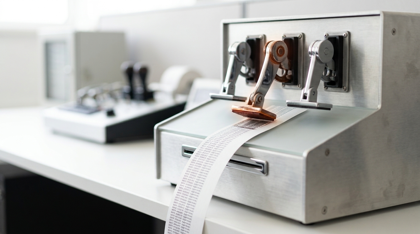 A permission-audit terminal printing a paper roll of approval entries, its mechanical auto-approve stamp arm caught mid-stroke and visibly worn smoother than the rest of the console