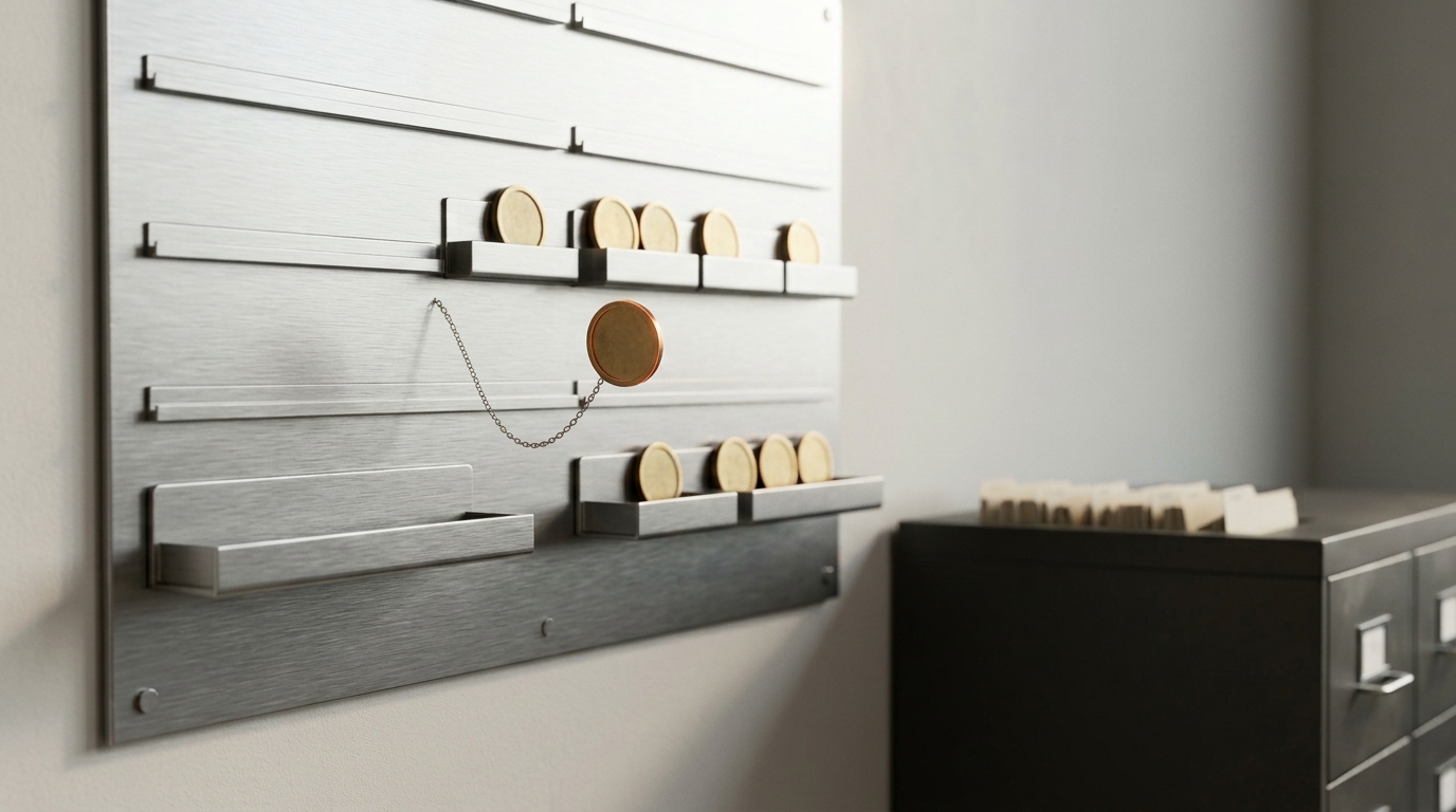 A subagent dispatch board of trays and rails with a numbered brass token caught mid-transfer between a parent-session tray and a subagent tray, its guide chain still swinging