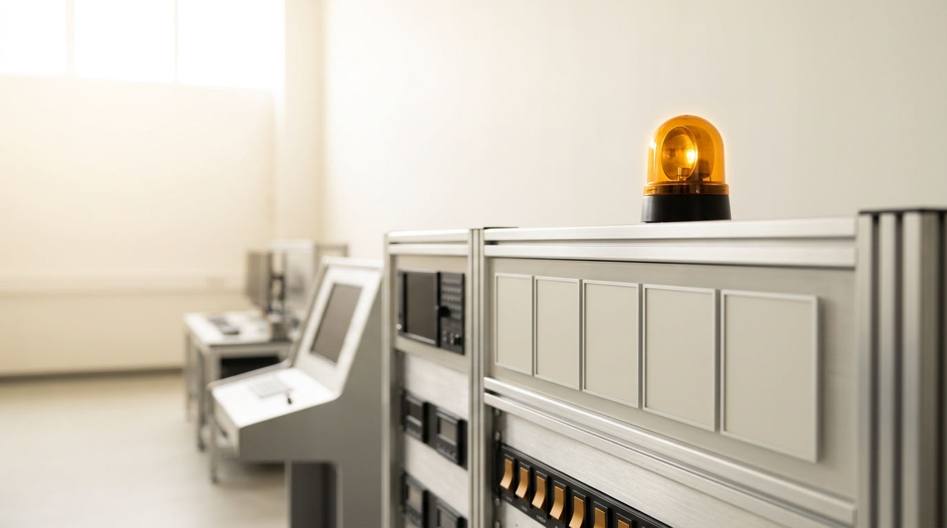 A monitoring rack in a bright diagnostics bay with its amber alert beacon caught just switching on above a row of pale, undisturbed status panes