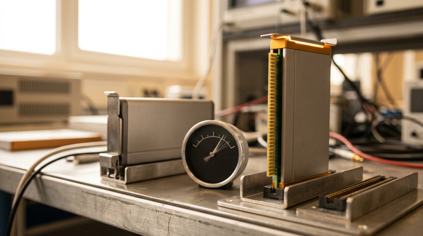 A version-migration test bench holding two pinned model modules side by side, the newer module's cartridge caught half-seated with a comparison needle mid-swing between them