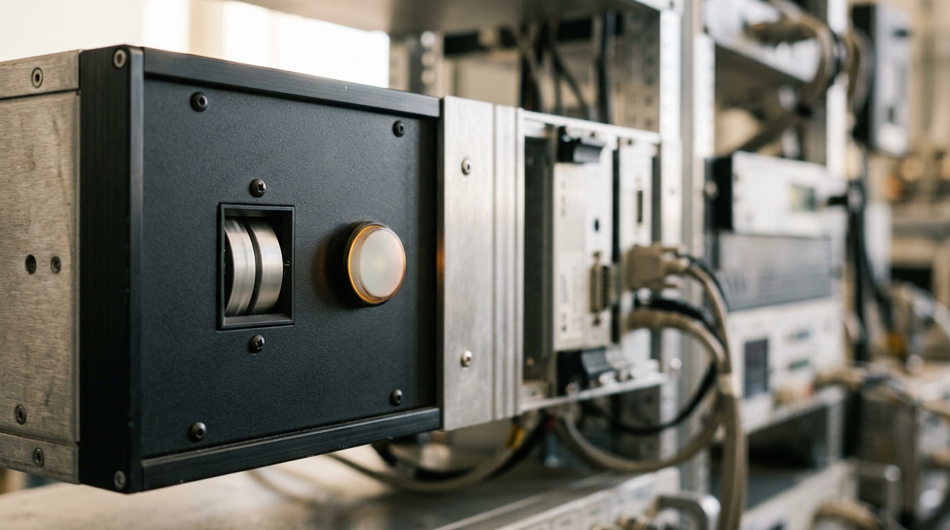 An inline safety-classifier gate on the rack with its mechanical pass-or-hold counter caught mid-roll and its indicator lamp burning at half brightness