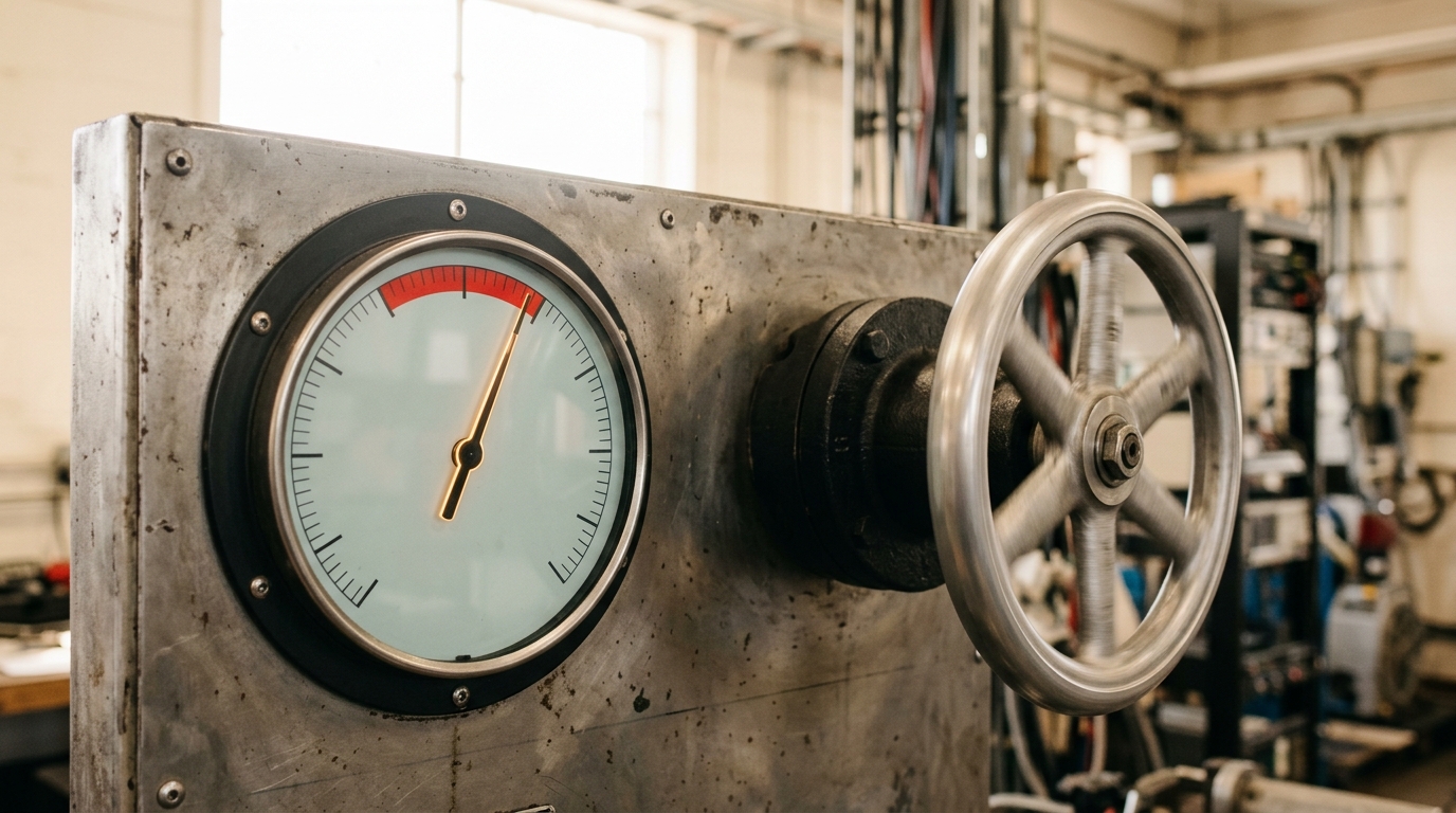 A capacity throttle panel with a physical gauge, its needle caught climbing toward a red band while a valve wheel beside it is mid-turn