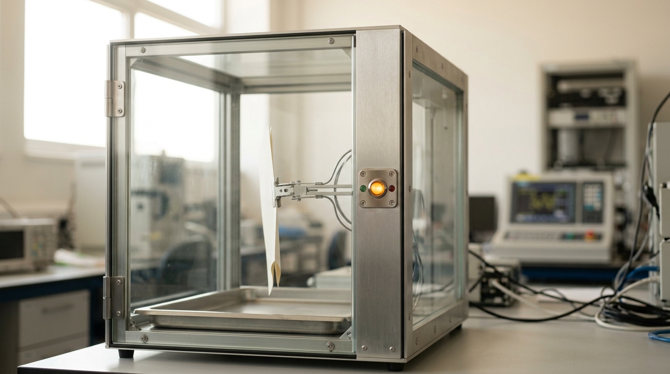 A glass-fronted isolation cell in the diagnostics bay with a mechanical clamp arm holding a single pale document page, face turned away from the lens, caught mid-turn