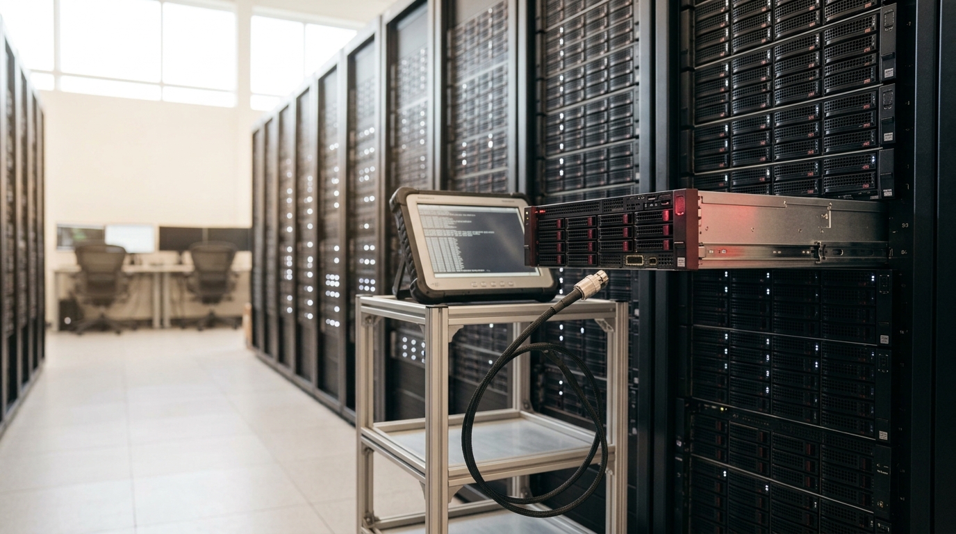 A rack of index-shard nodes in a bright diagnostics room, one node drawn part-way out on its rails with its status light lit crimson, a diagnostic terminal's cable caught just short of the node's maintenance port