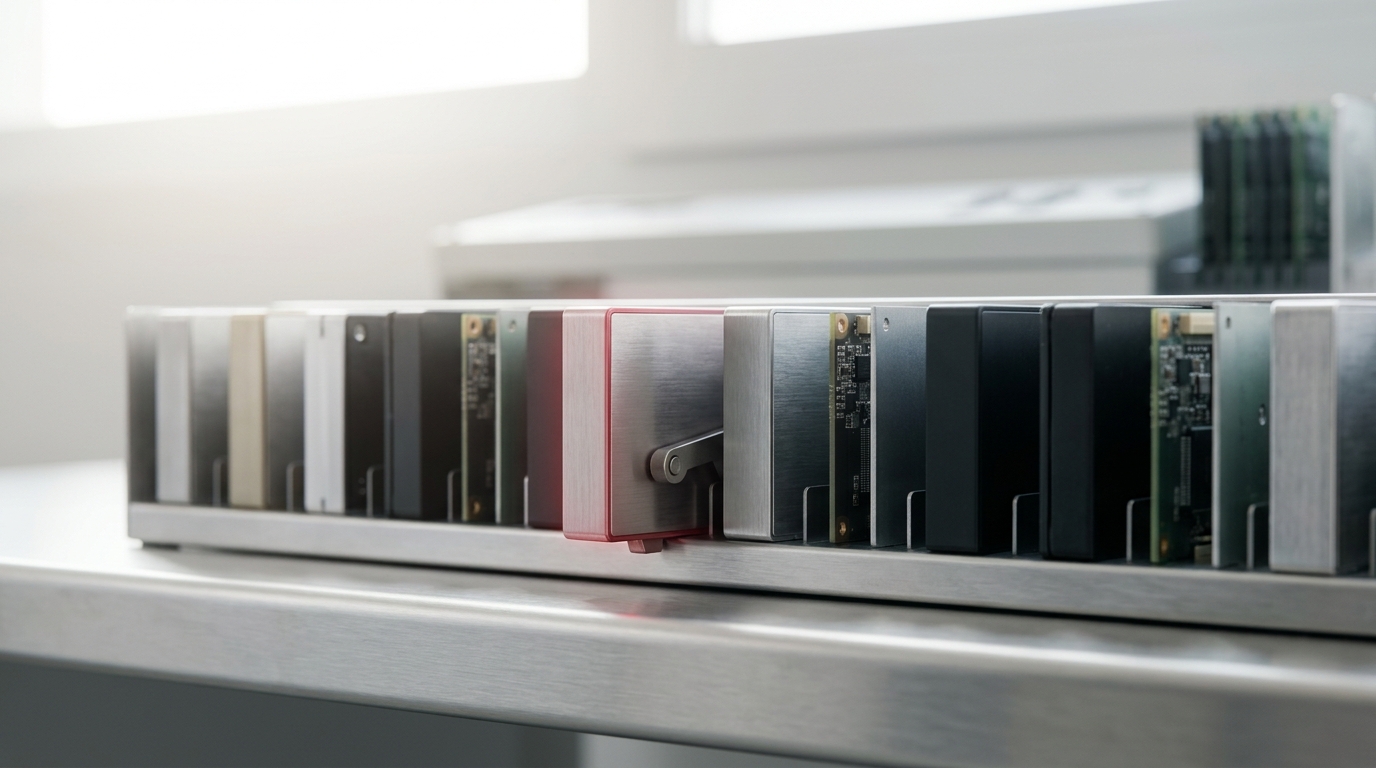 A row of evidence-slot modules on a dedup console with two outwardly identical modules seated side by side, one caught half-ejected by a small mechanical arm
