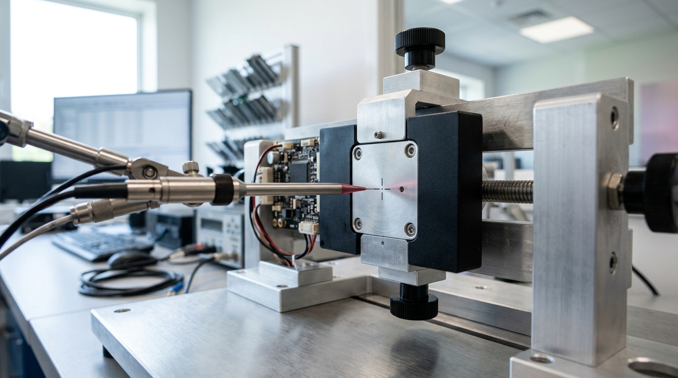 A calibration bench holding a scoring module from a reranking stage, a test probe on an articulated arm caught mid-approach toward a reference mark on the module's face