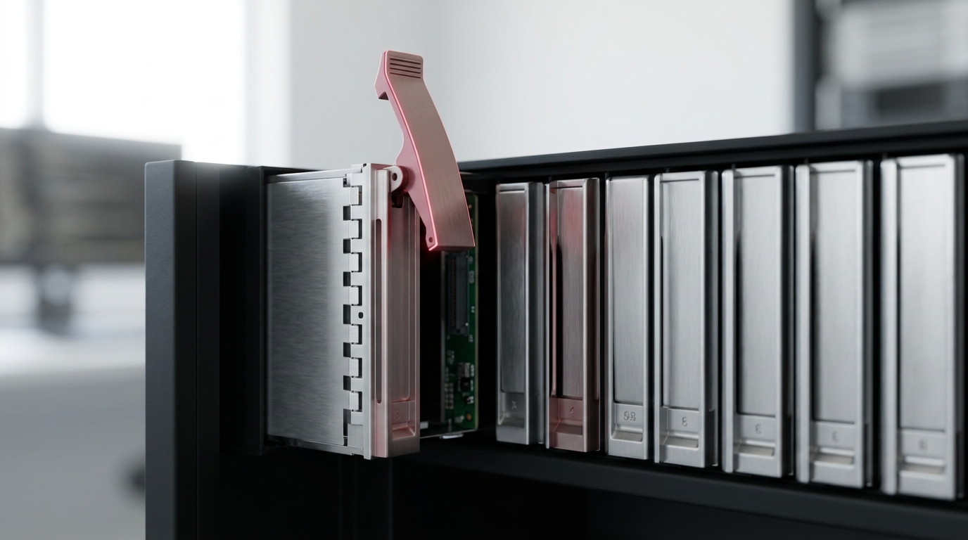 A rollback and version-control panel with a rank of drive caddies standing for successive index snapshots, one caddy caught half-seated mid-swap into its bay while its neighbour sits flush