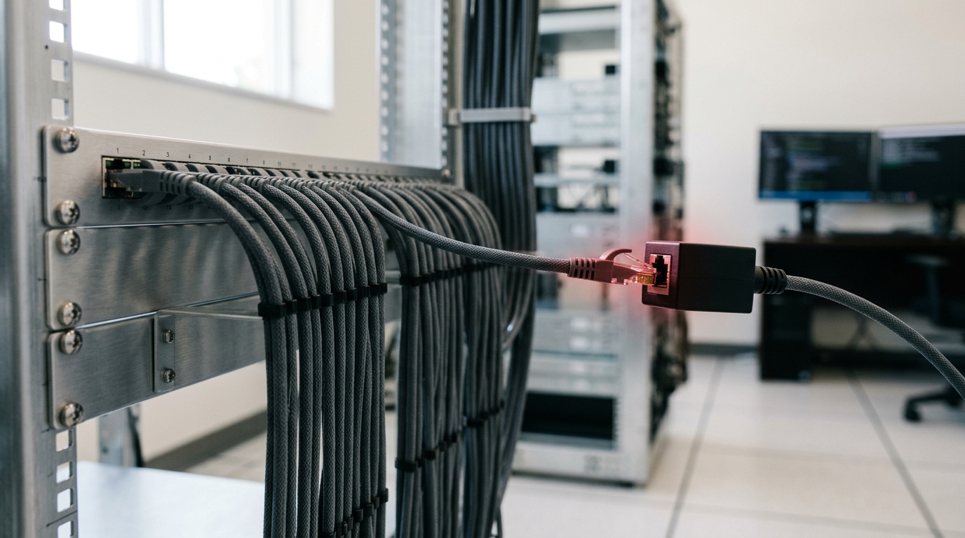 An ingestion patch panel where an external content feed lands inline through a small in-line tap, a connector caught just entering the tap's spare port while the rest of the panel's leads run to made-up ports