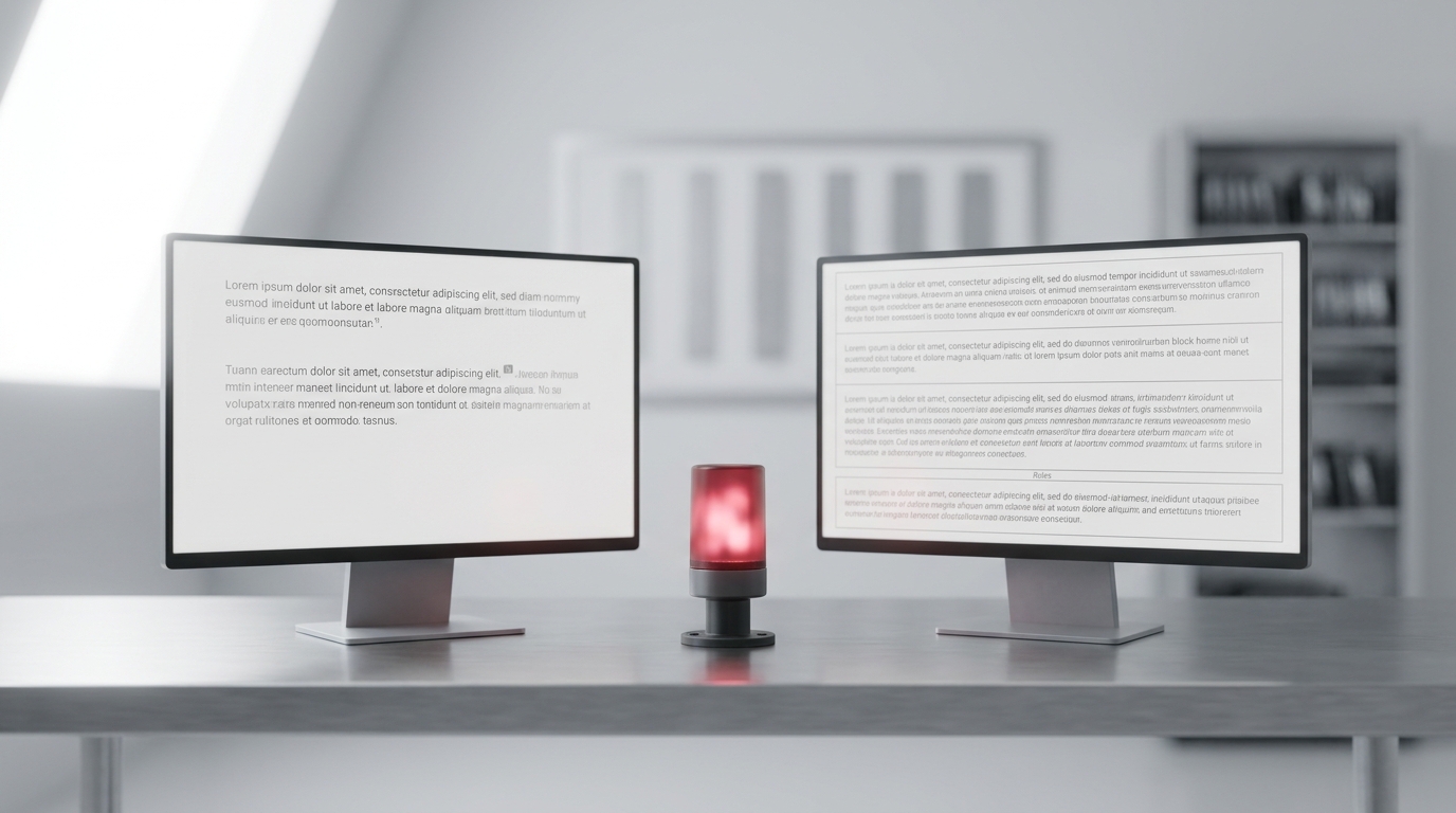 A log-review workstation with two matte screens, one holding a generated passage and one holding retrieved evidence, with a small indicator lamp between them caught mid-flicker