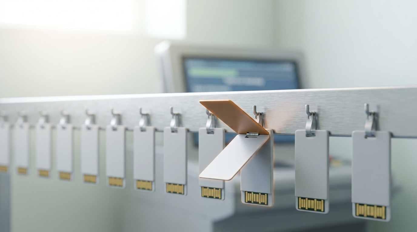 A token cabinet of hanging access badges, one badge's small mechanical expiry flag caught mid-flip from valid to expired while the task it authorizes is still visibly in progress on a console behind it